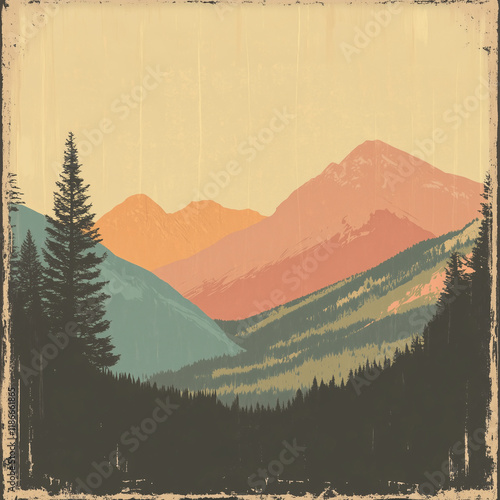 Vintage travel poster print in retro style with a mountain landscape, muted colors. Travel retro design poster with copyscape for text or message