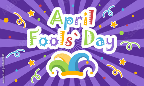 April Fool's day gorizontal festive banner template. Funny design with Jester's hat and slogan on striped background. Vector illustration