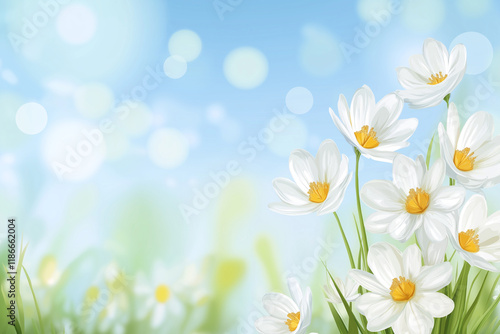 Spring background with white flowers and a sky blue background with bokeh lights and copyspace. Easter background