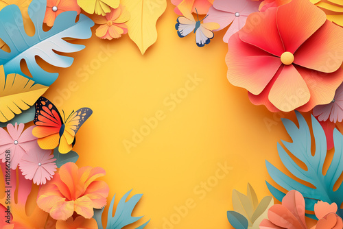 Summer or sprign card in a cut paper style with paper flowers on bright summer yellow backgound. With copyspace for a text or a message