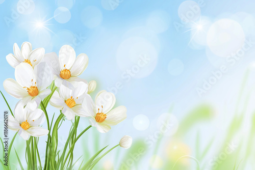 Spring background with white flowers and a sky blue background with bokeh lights and copyspace. Easter background