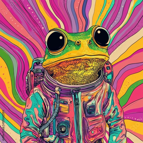 Mystic frog wearing a spacesuit, background full of colors and lines, lsd trip style