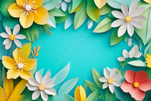 Summer or sprign easter background in a cut paper style with paper flowers on bright summer blue backgound. With copyspace for a text or a message