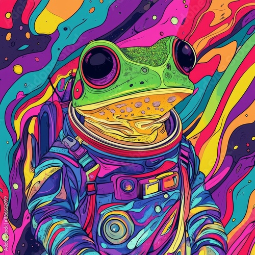 Mystic frog wearing a spacesuit, background full of colors and lines, lsd trip style