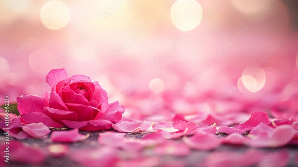 Fototapeta premium A Single Pink Rose on a Bed of Petals: A Romantic and Serene Image
