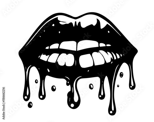 black and white melting lips illustration with artistic dripping design