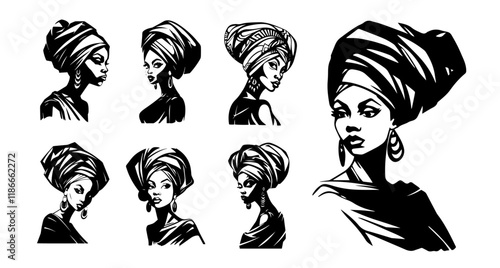 african woman portrait with headwrap in black vector design