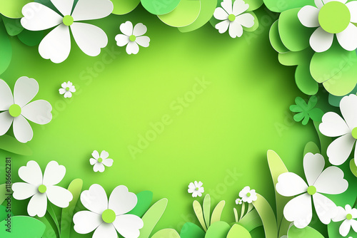 Summer card in a paper cut style with paper flowers on bright summer green backgound. With copyspace for a text or a message