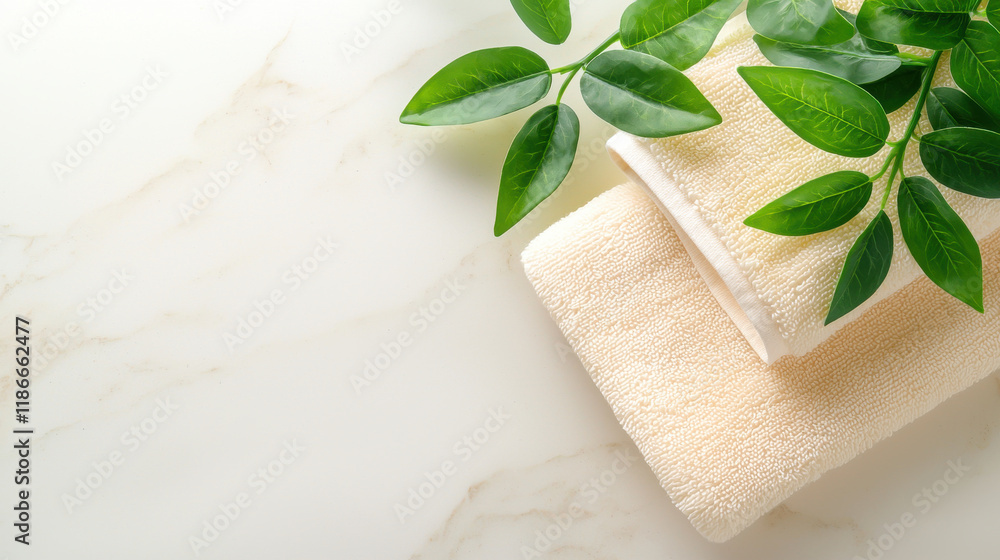 Soft towels stacked with touch of greenery, creating serene and luxurious atmosphere. Perfect for spa or bathroom settings Soft towels stacked with touch of greenery, creating serene and luxurious atmosphere. Perfect for spa or bathroom settings