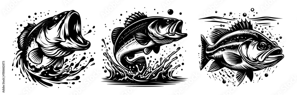 collection of bass fish with water splashes in black silhouette collection of bass fish with water splashes in black silhouette