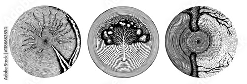 collection of abstract tree ring illustrations in black and white