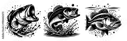collection of bass fish with water splashes in black silhouette