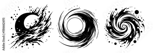 abstract swirl and energy explosion symbols in black silhouette