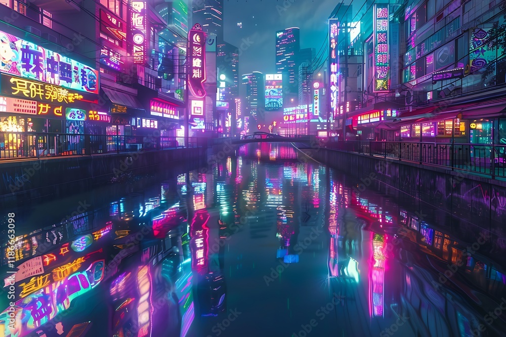 A cyberpunkstyle digital painting of a vibrant Asian city at night. Neon signs and building reflections illuminate a calm canal. The scene is rich with detail and color. A cyberpunkstyle digital painting of a vibrant Asian city at night. Neon signs and building reflections illuminate a calm canal. The scene is rich with detail and color.