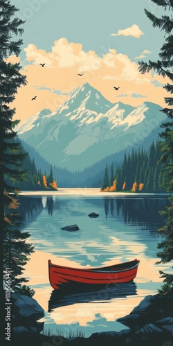Piney lake travel poster travel postcard, silk-screen print illustration, high definition, no noise, travel poster