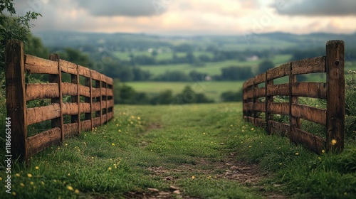 Wallpaper Mural Rustic wooden fence opens to scenic rural landscape, path, green hills, and cloudy sky. Torontodigital.ca