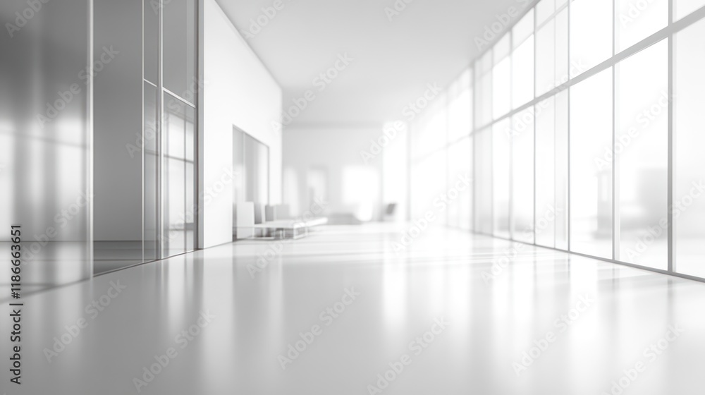 Fototapeta premium Bright, minimalist white interior with large windows and sleek furniture.