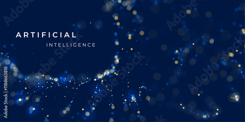 Artificial intelligence blue particle background. Flow wave with dot landscape. Digital data structure. Pattern point visualization. Technology vector illustration.