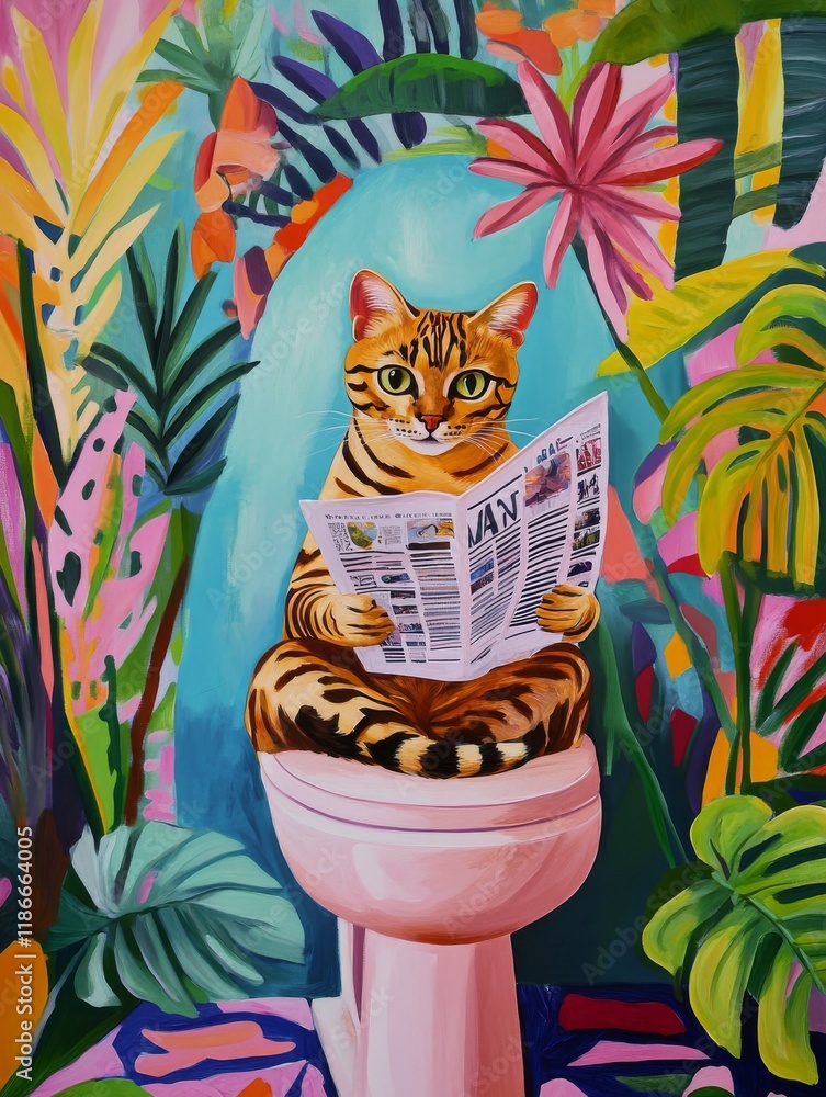 Poster of a bengal cat sitting on the open toilet seat, reading a newspaper. the background is colorful, with tropical plants and palm leaves. and flowers