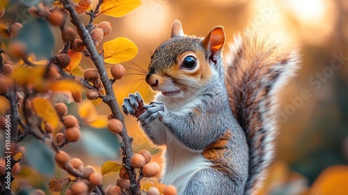 Adorable gray squirrel perched on a branch with autumn leaves, eating berries. photo