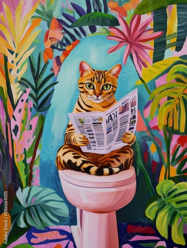 Poster of a bengal cat sitting on the open toilet seat, reading a newspaper. the background is colorful, with tropical plants and palm leaves. and flowers
