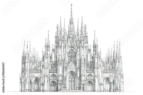Detailed Line Drawing of a Gothic Cathedral Facade