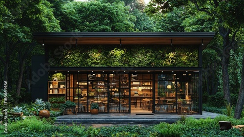 Rustic Meets Eco-Chic Cafe: A modern barn-style cafe with a vibrant green facade, showcasing sustainable design and surrounded by nature. Plenty of room for text or logos in the composition