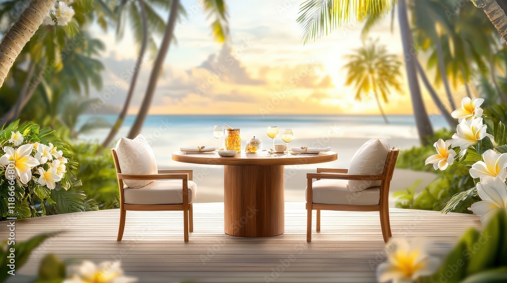 Obraz premium Serene Dining Spot: A cozy garden dining area with wooden furniture, soft cushions, surrounded by blooming flowers and lush greenery, exuding a tranquil ambiance