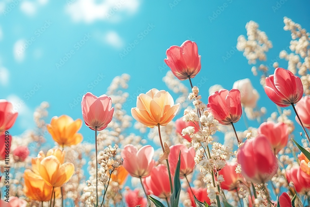 Fototapeta premium Vibrant Tulips Against a Sunny Sky