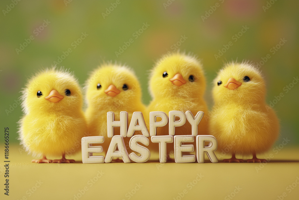 Fototapeta premium Cute 3D type HAPPY EASTER with 4 fluffy yellow chicks behind, card design