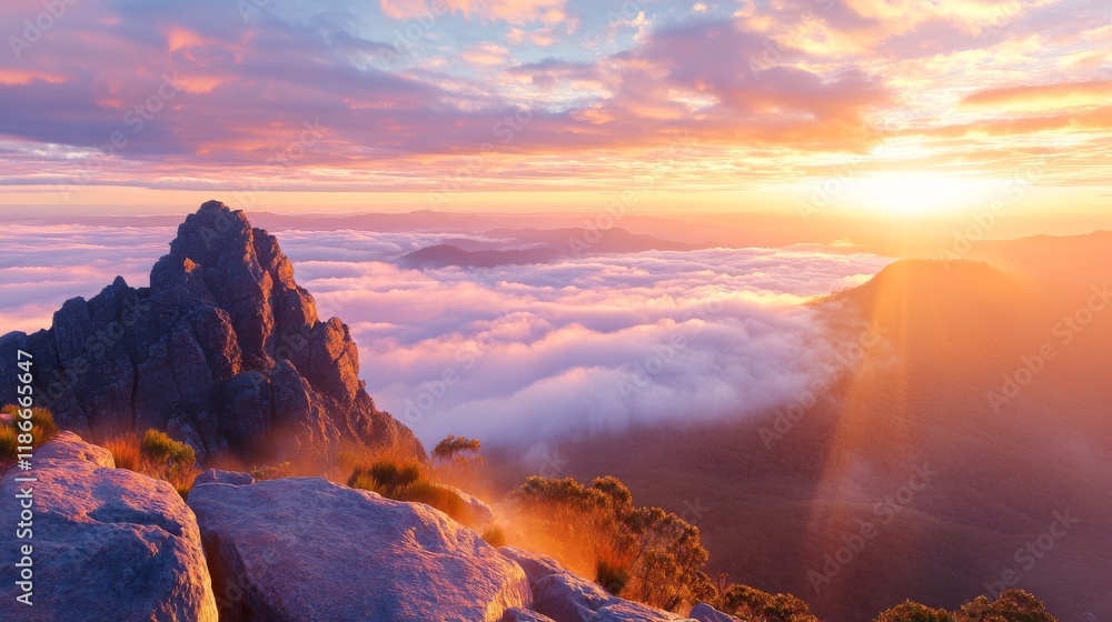 A breathtaking sunrise illuminates towering mountains above a sea of clouds, creating a serene and picturesque natural landscape. A breathtaking sunrise illuminates towering mountains above a sea of clouds, creating a serene and picturesque natural landscape.
