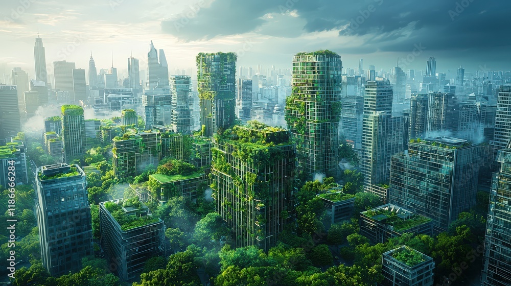 Fototapeta premium Sustainable Urban Skyline: Modern cityscape featuring green roofs, abundant vegetation, and energy-efficient glass facades, a harmonious representation of sustainable urban planning