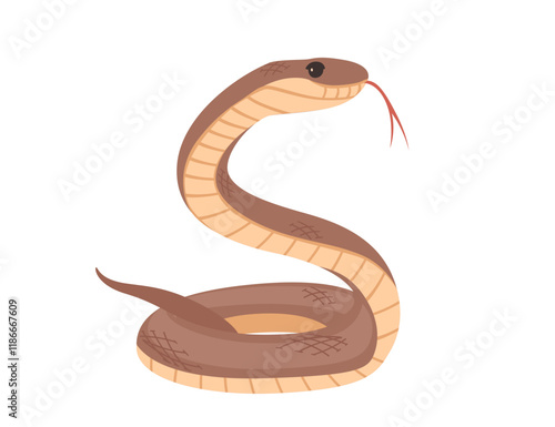 Cobra in a striking pose with detailed scales. Simple cartoon animal design. Suitable for reptile or wildlife images. Vector illustration isolated on white background