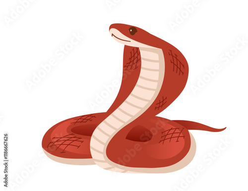 Red cobra coiled with its hood raised and tongue out. Simple cartoon animal design. Great for reptile or wildlife images. Vector illustration isolated on white background