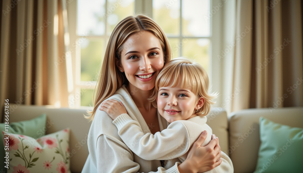 Tender embrace of a mother and child in a cozy living room, warm sunlight shining through on a spring morning Tender embrace of a mother and child in a cozy living room, warm sunlight shining through on a spring morning