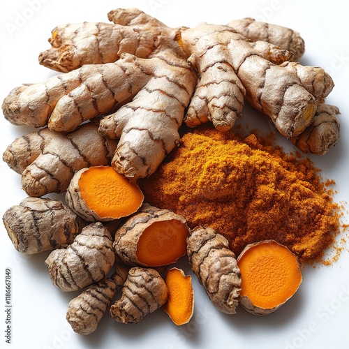 Turmeric , white background, ultra high definition commercial photography