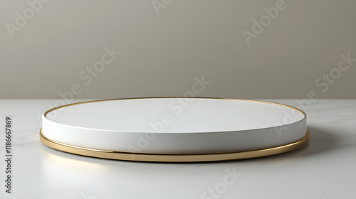 Realistic 3D White Cylindrical Podium with Luxury Gold Ring. Minimalist Mockup Pedestal for Abstract Product Displays and Stage Showcases. photo