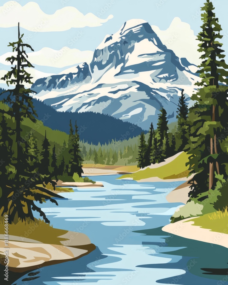 Vector style illustration of glacier national park in montana colorful poster