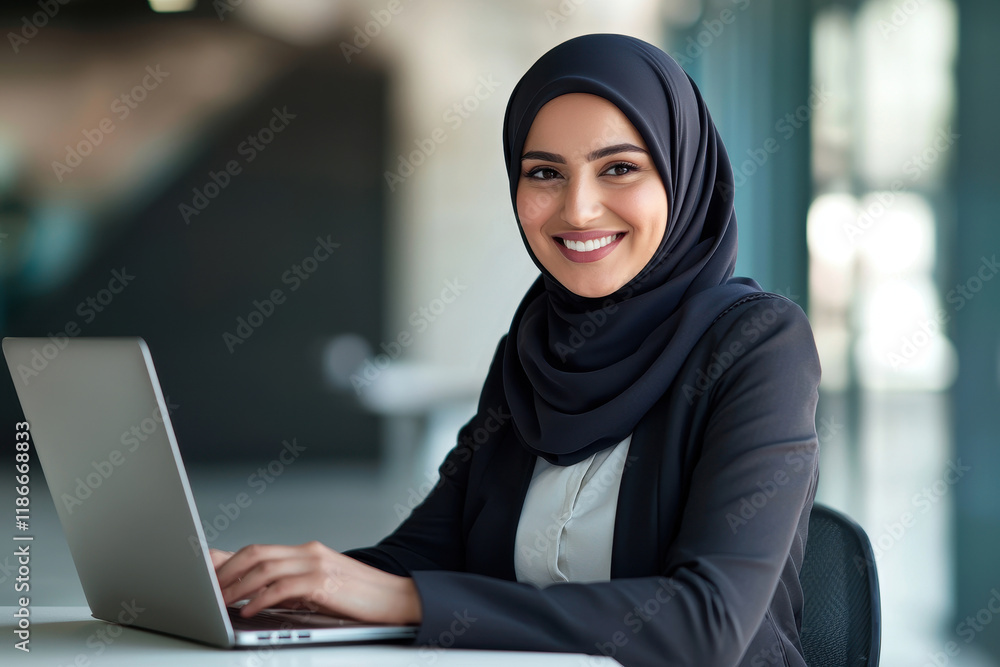 Smiling woman in hijab working on laptop in modern office setting. Smiling woman in hijab working on laptop in modern office setting.