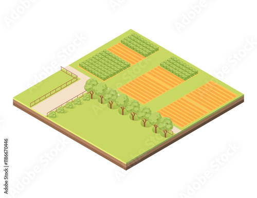 Isometric block with layers of earth. Farm landscape with crops, trees, and open green areas. Great for agricultural designs, eco-living illustrations, or rural visuals. Vector illustration