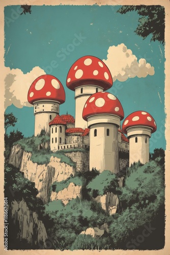 Vintage travel poster of mushroom kingdom