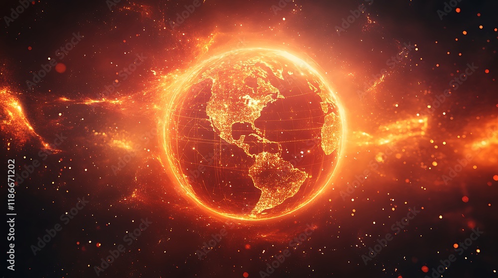 Obraz premium Fiery earth orbiting in space digital art cosmic environment sci-fi concept