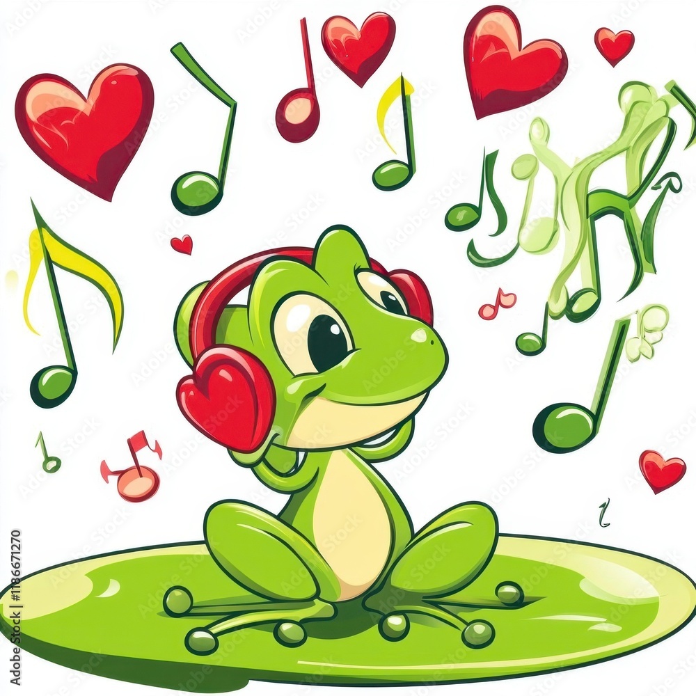 Obraz premium A cheerful frog wearing headphones enjoys music, surrounded by colorful musical notes and hearts, conveying a fun and lively atmosphere.