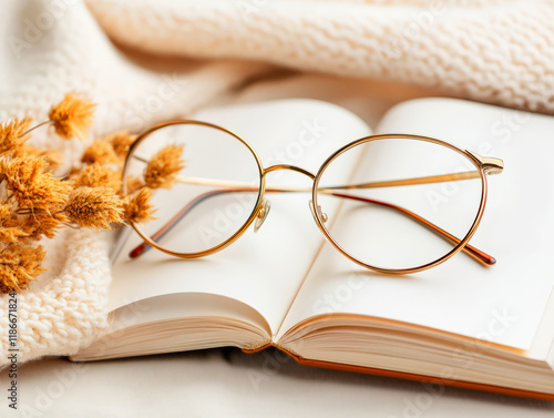 Stylish Gold Rimmed Glasses Resting on an Open Book with Dried Flowers and Cozy Fabric photo