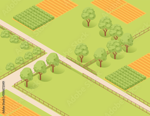 Isometric open farmland with fields, vegetable plots, scattered trees, and dirt pathways. Ideal for rural landscape or agricultural illustrations. Vector illustration