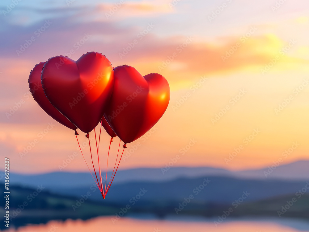 Fototapeta premium Romantic Heart-Shaped Balloons Float Above Serene Landscape at Sunset in Warm Glow