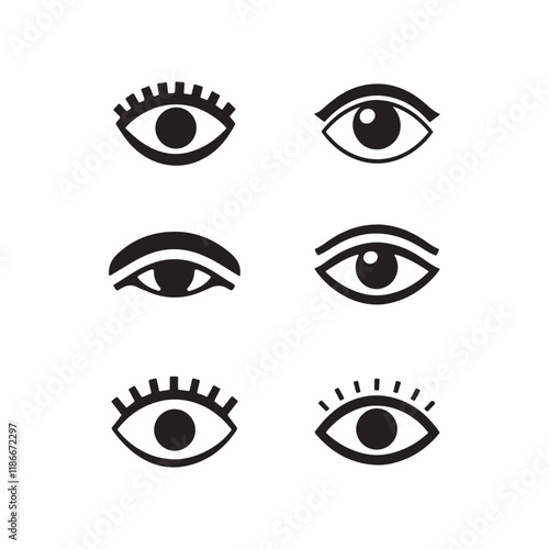 Set of stylized eye icons in various expressions. This graphic features four different stylized eye shapes, each with varying eyebrow and lash details, conveying a range of expressions.