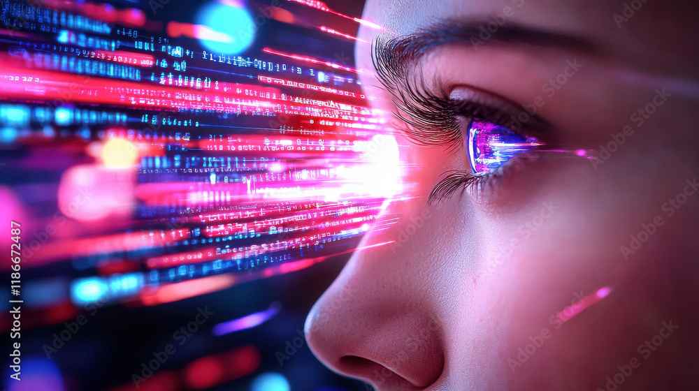 Digital immortality concept with person eye reflecting vibrant data streams, symbolizing fusion of technology and human perception, evoking curiosity and wonder Digital immortality concept with person eye reflecting vibrant data streams, symbolizing fusion of technology and human perception, evoking curiosity and wonder