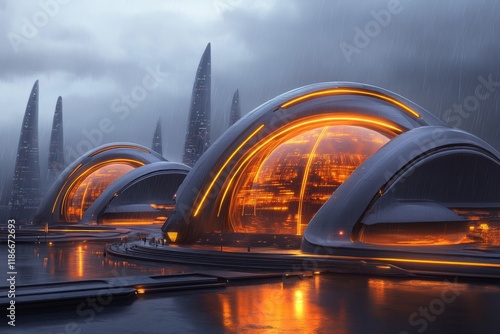 Fototapeta Naklejka Na Ścianę i Meble -  A futuristic space station orbiting a distant planet, with glowing holographic domes and sleek, metallic structures