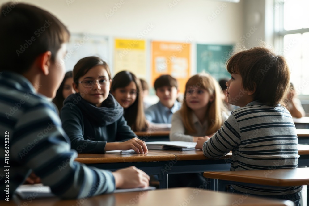 Children sit attentively at their desks, participating in a school lesson, collaborating and learning in a bright classroom setting Children sit attentively at their desks, participating in a school lesson, collaborating and learning in a bright classroom setting
